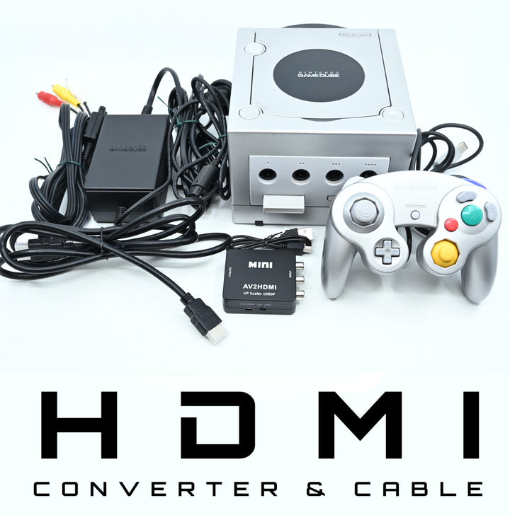 Silver Nintendo Gamecube Console GENUINE CONTROLLER + CABLES &amp; HDMI - Read Desc