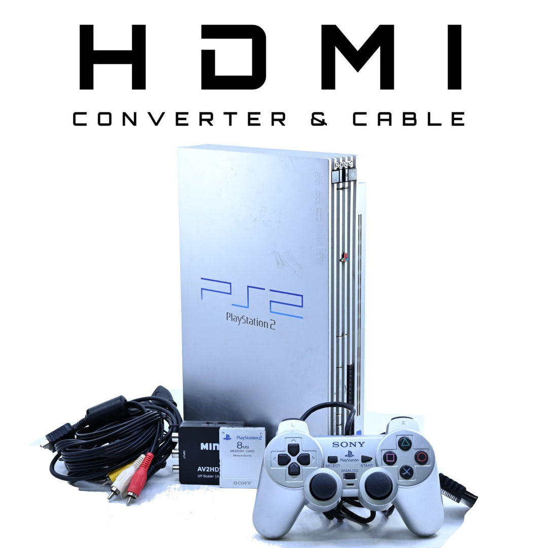 Sony Playstation 2 / PS2 Console Fat Silver GENUINE CONTROLLERS + CABLES + HDMI