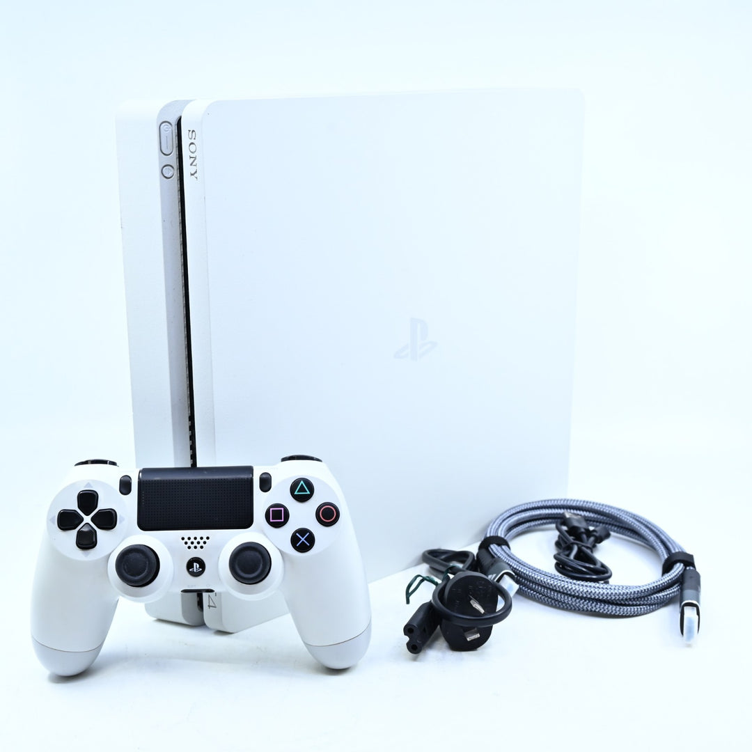 White Sony Playstation 4/ PS4 Slim Console - GENUINE CONTROLLERS + CABLES + HDMI