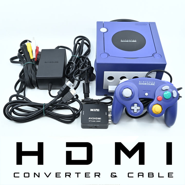 Indigo Purple Nintendo Gamecube Console + GENUINE CONTROLLERS + CABLES & HDMI