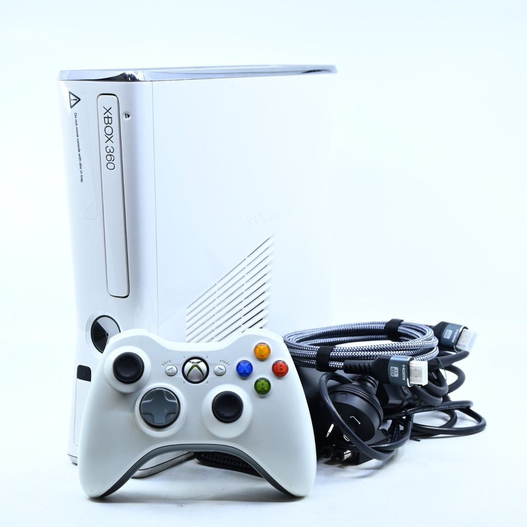 White Xbox 360 Console - Slim - GENUINE CONTROLLERS + CABLES - PAL - FREE POST!