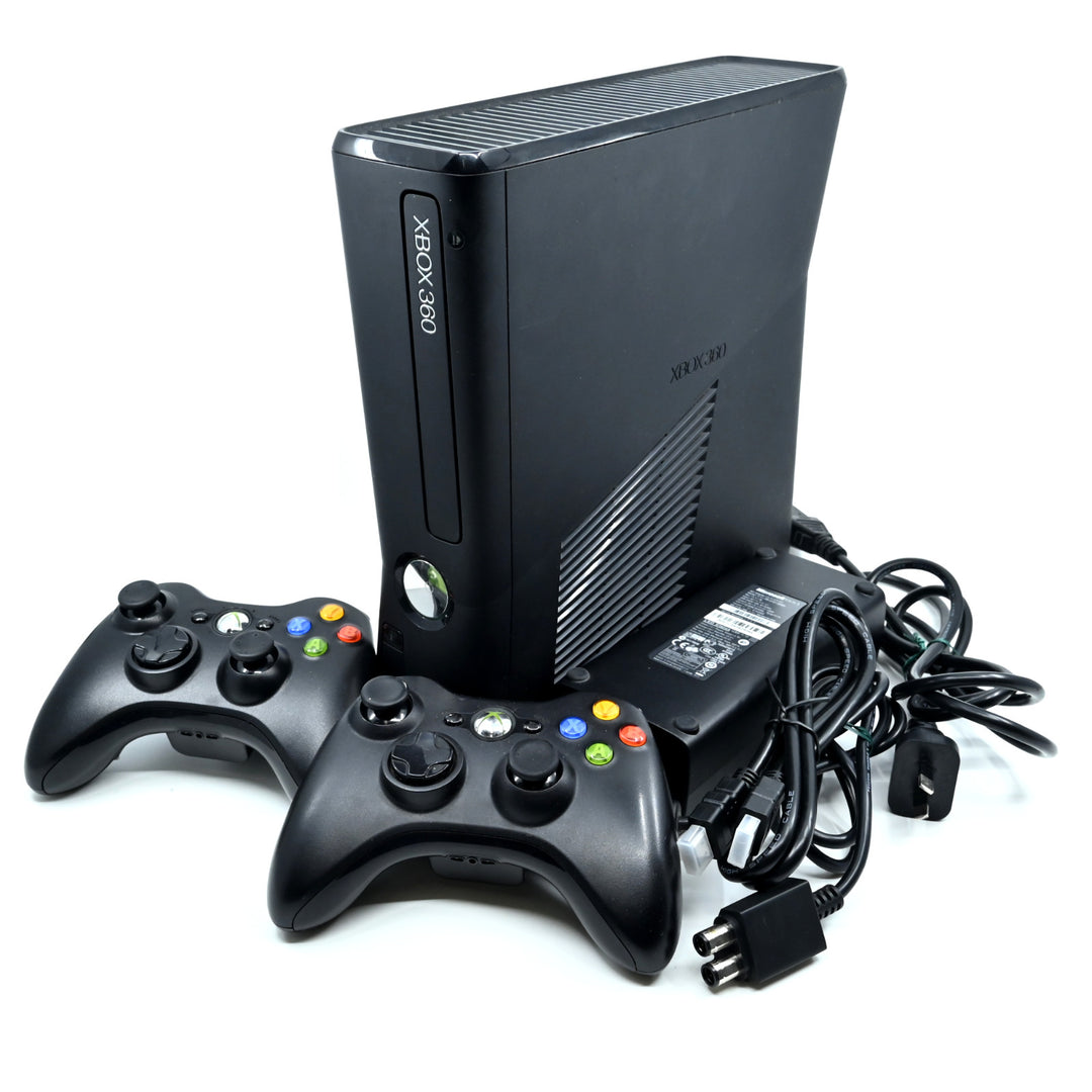 Black Xbox 360 E Console - GENUINE CONTROLLERS + CABLES - PAL - FREE POST!