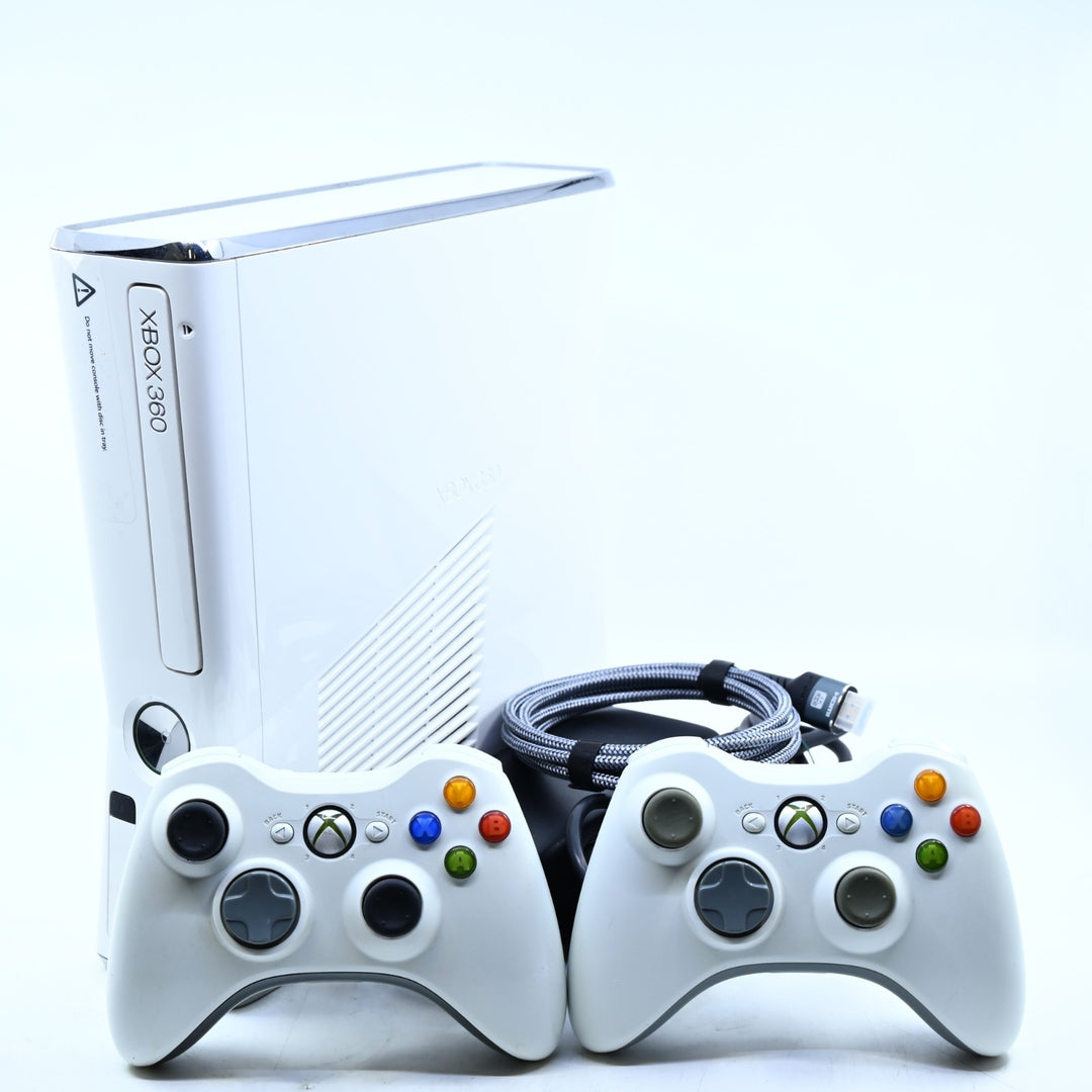 White Xbox 360 Console - Slim - GENUINE CONTROLLERS + CABLES - PAL - FREE POST!