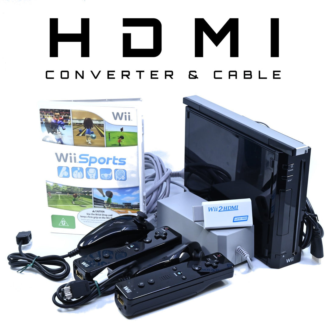 Black - Nintendo Wii Console - 2 x GENUINE CONTROLLERS + CABLES + GAME no cube