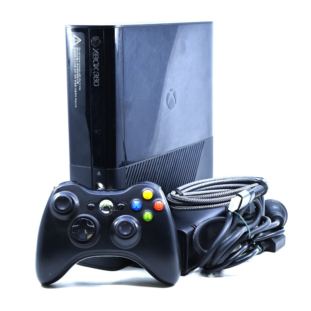 Black Xbox 360 E Console - GENUINE CONTROLLERS + CABLES - PAL - FREE POST!