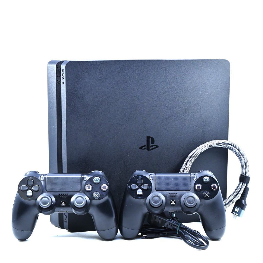 Black Sony Playstation 4/ PS4 Slim Console - GENUINE CONTROLLERS + CABLES + HDMI