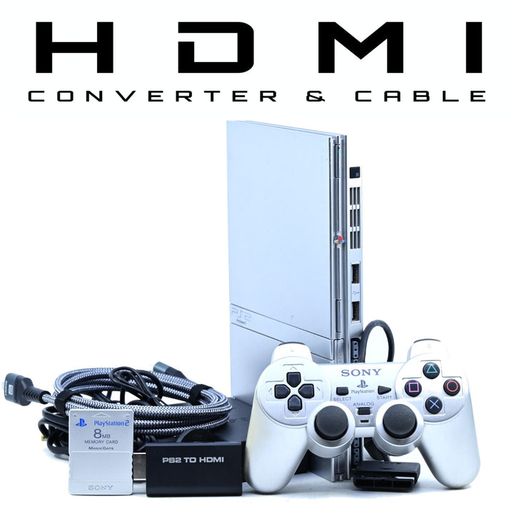 Silver Sony Playstation 2 / PS2 Slim Console GENUINE CONTROLLER + CABLES + HDMI