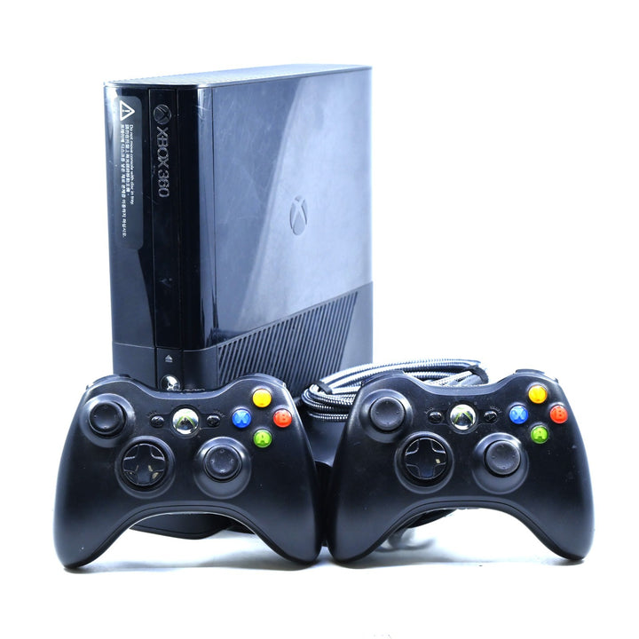 Black Xbox 360 E Console - GENUINE CONTROLLERS + CABLES - PAL - FREE POST!