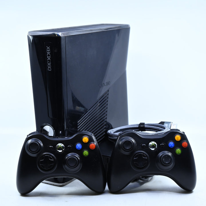 Black Xbox 360 Console - Slim Gloss GENUINE CONTROLLERS + CABLES - PAL FREE POST