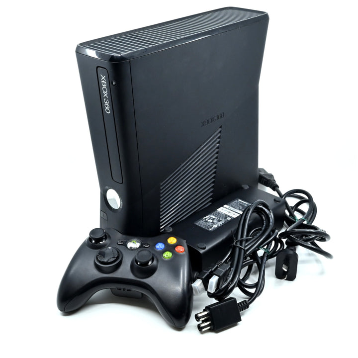 Black Xbox 360 E Console - GENUINE CONTROLLERS + CABLES - PAL - FREE POST!