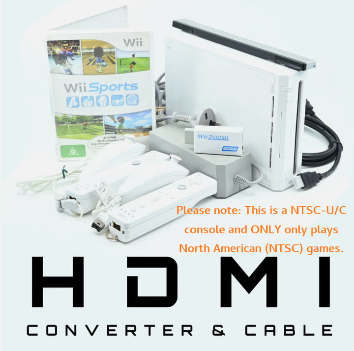 NTSC White Nintendo Wii Console - 2 x GENUINE CONTROLLERS + CABLES + GAME &amp; HDMI