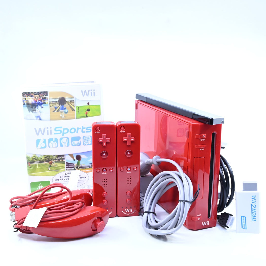 Red Nintendo Wii Console - 2 x GENUINE CONTROLLER + CABLES + GAME & HDMI!