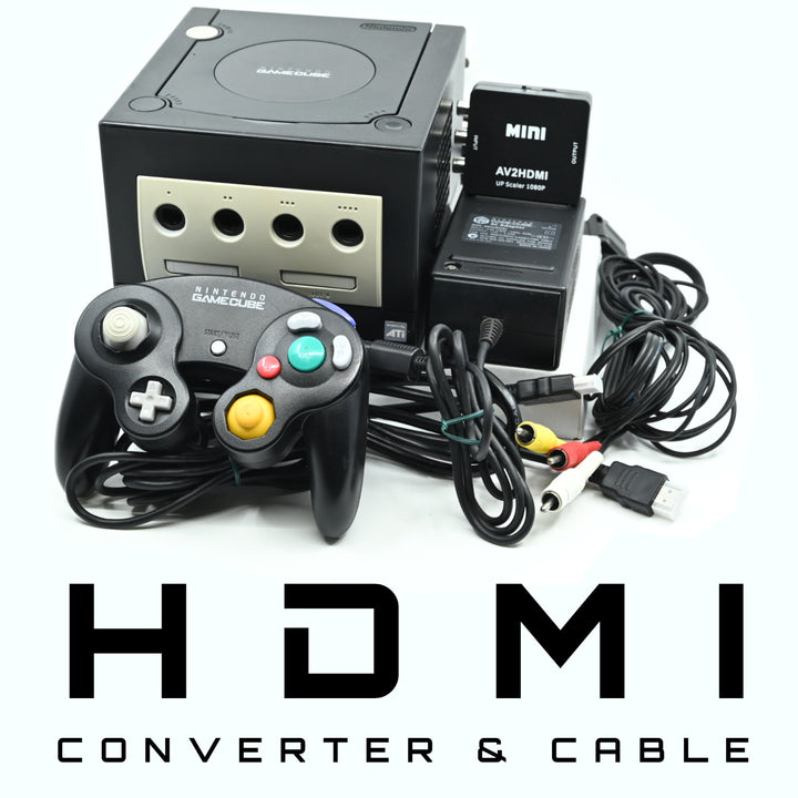 Black Nintendo Gamecube Console (1,2,3 or 4) GENUINE CONTROLLERS + CABLES & HDMI
