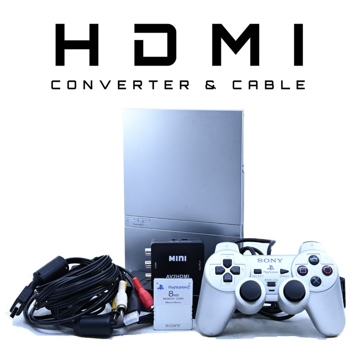 Silver Sony Playstation 2 / PS2 Slim Console GENUINE CONTROLLER + CABLES + HDMI