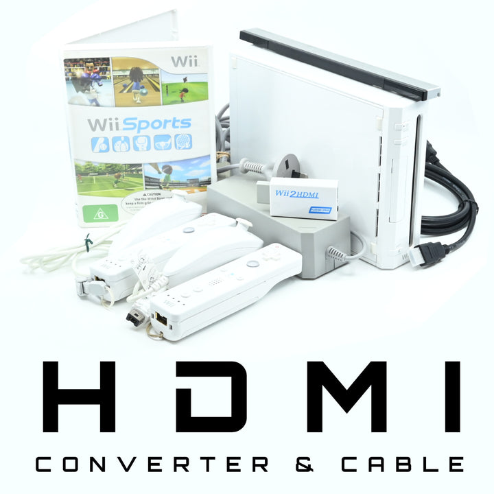 White Nintendo Wii Console - 2 x GENUINE CONTROLLERS + CABLES + GAME &amp; HDMI!