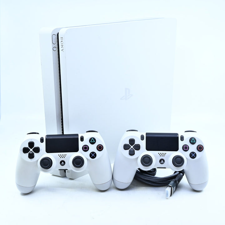 White Sony Playstation 4/ PS4 Slim Console - GENUINE CONTROLLERS + CABLES + HDMI