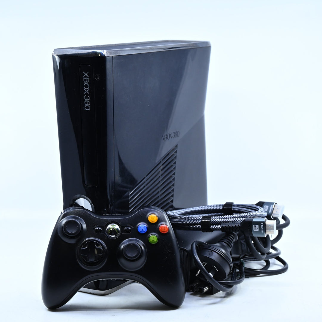 Black Xbox 360 Console - Slim Gloss GENUINE CONTROLLERS + CABLES - PAL FREE POST