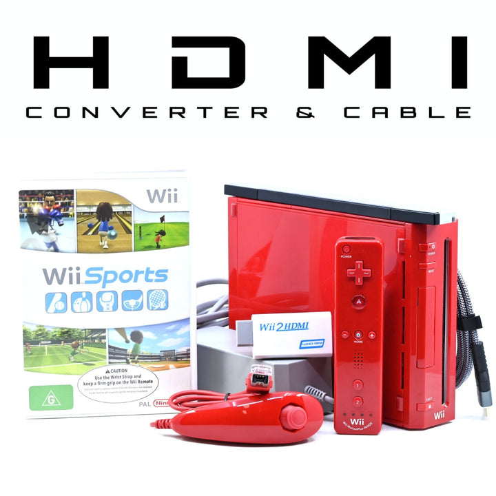 Red Nintendo Wii Console - 1 x GENUINE CONTROLLER + CABLES + GAME & HDMI!