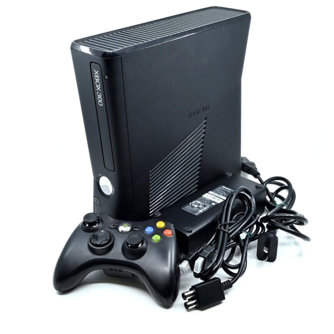 Black Xbox 360 E Console - GENUINE CONTROLLERS + CABLES - PAL - FREE POST!