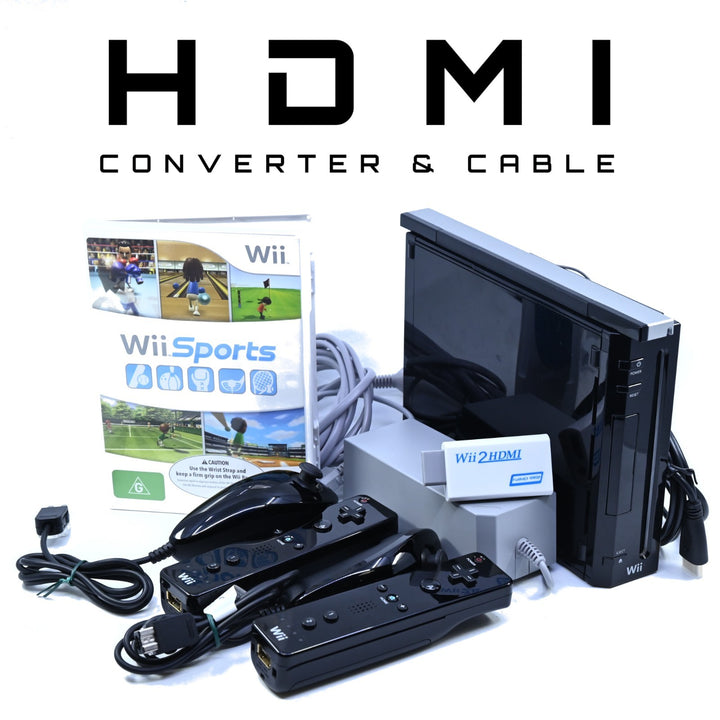Black - Nintendo Wii Console - 2 x GENUINE CONTROLLERS + CABLES + GAME & HDMI!