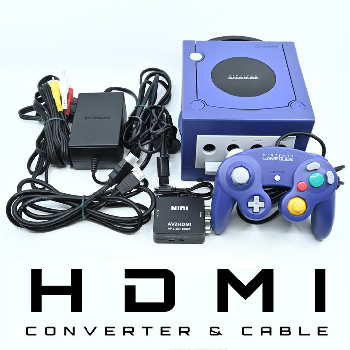 Nintendo Gamecube Console Indigo Purple (1,2,3 or 4) CONTROLLERS + CABLES & HDMI