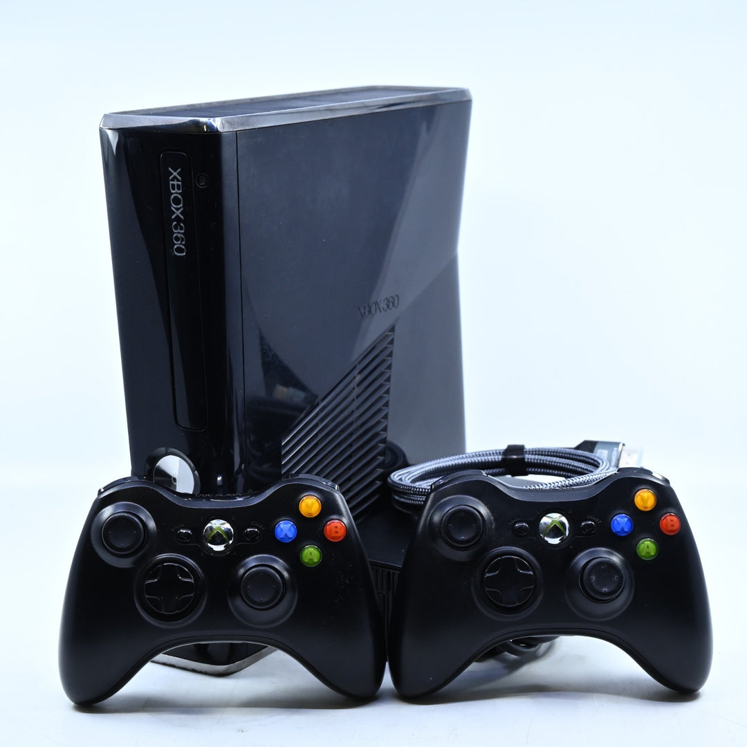 Black Xbox 360 Console - Slim Gloss GENUINE CONTROLLERS + CABLES - PAL FREE POST